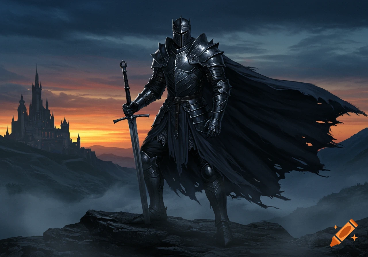 A dark knight in full armor stands on a rocky hill, holding a sword, with a gothic castle and sunset sky in the background.