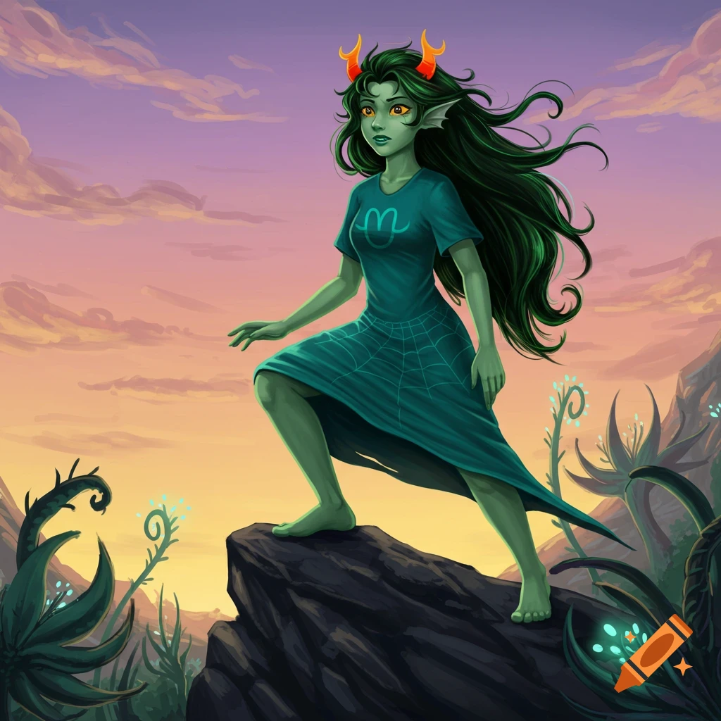 A green-skinned fantasy woman with long dark green hair and orange horns stands on a rock, wearing a teal dress with a symbol, against a vibrant sunset sky with fantastical plants.