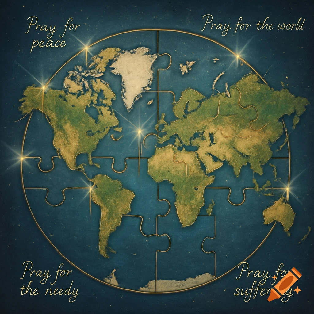 A world map designed as a puzzle with golden outlines, featuring text "Pray for peace", "Pray for the world", "Pray for the needy", and "Pray for suffering".