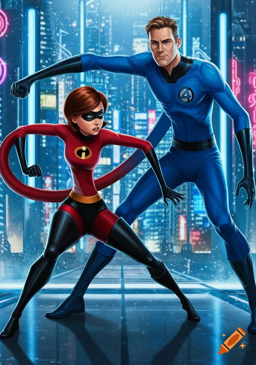 Elastigirl and Mr. Fantastic in their superhero suits strike dynamic poses against a snowy, neon-lit city background in a comic book style.