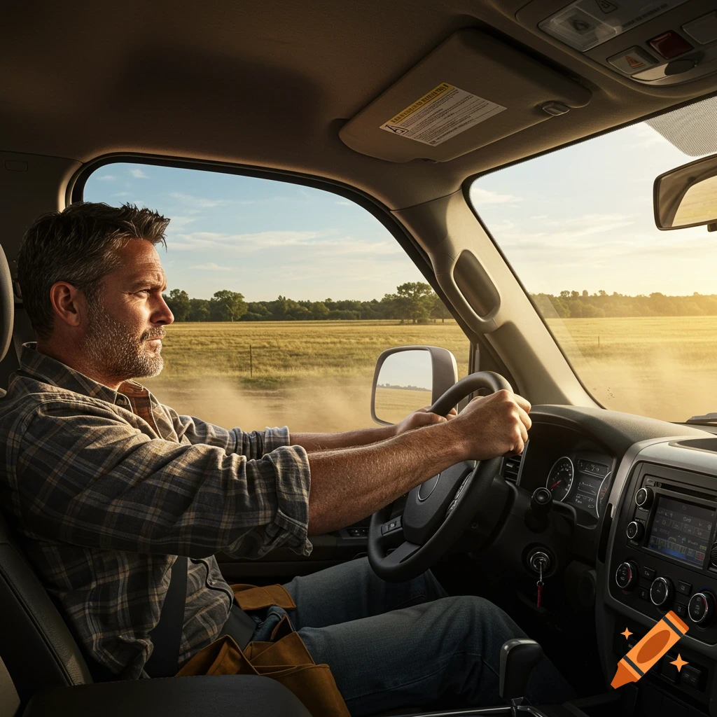 A bearded man in a plaid shirt drives a pickup truck on a dirt road through fields at sunset.