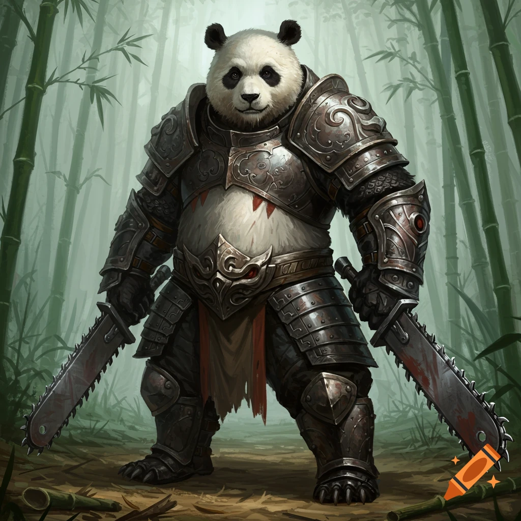 A detailed fantasy illustration of a heavily armored panda warrior holding two bloody chainsaws in a bamboo forest.