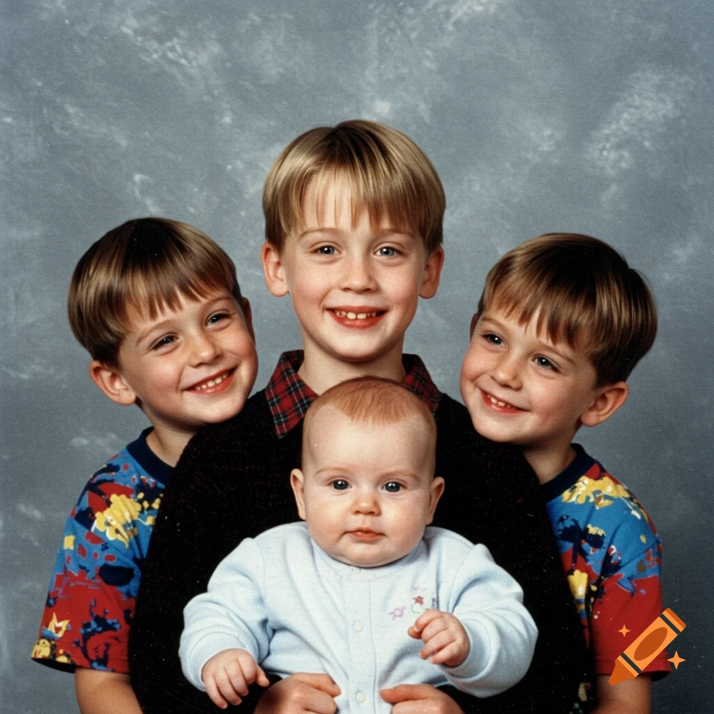 Four young brothers and a baby sister smiling for a studio portrait against a grey textured background.