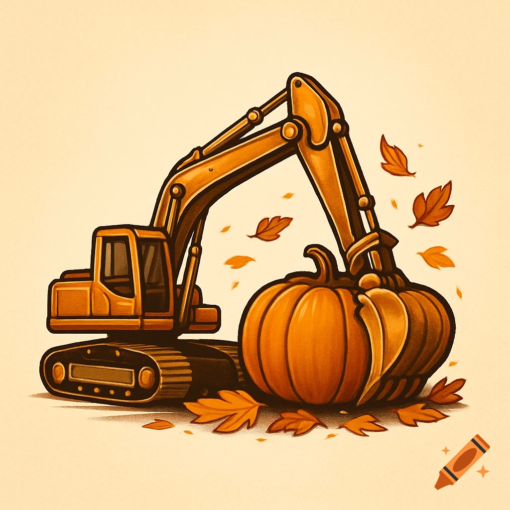 Illustrated logo of an orange excavator lifting a pumpkin amidst fall leaves.