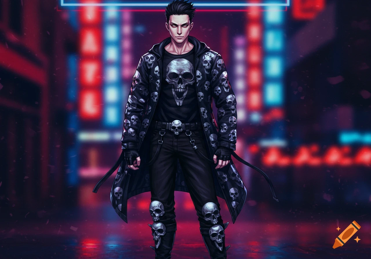 A dark-haired anime man in a black skull-covered coat and skull boots stands in a neon-lit city street.