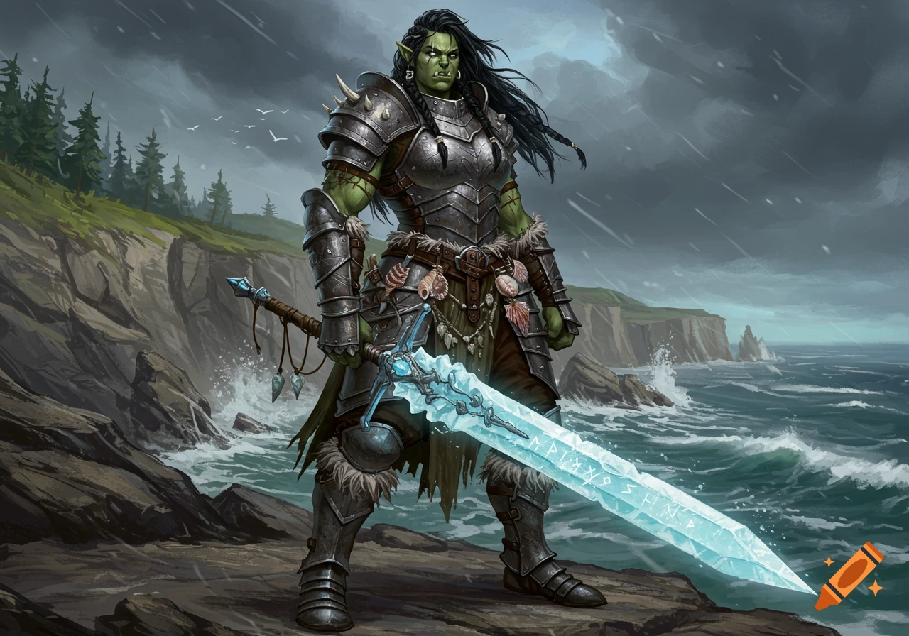 A fierce female orc warrior in intricate metal armor holds a glowing crystal greatsword on a rocky, stormy coast.