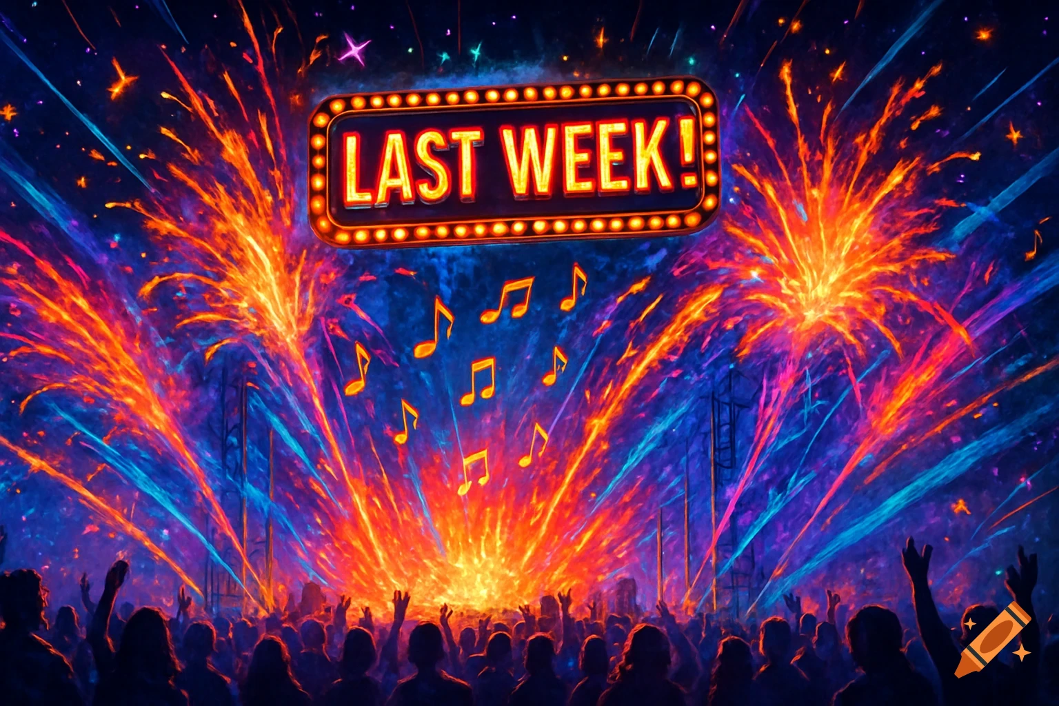 A vibrant concert or festival scene with fireworks exploding in bright oranges, reds, and blues over a silhouetted crowd. A prominent sign reads "LAST WEEK!" and musical notes float in the air.