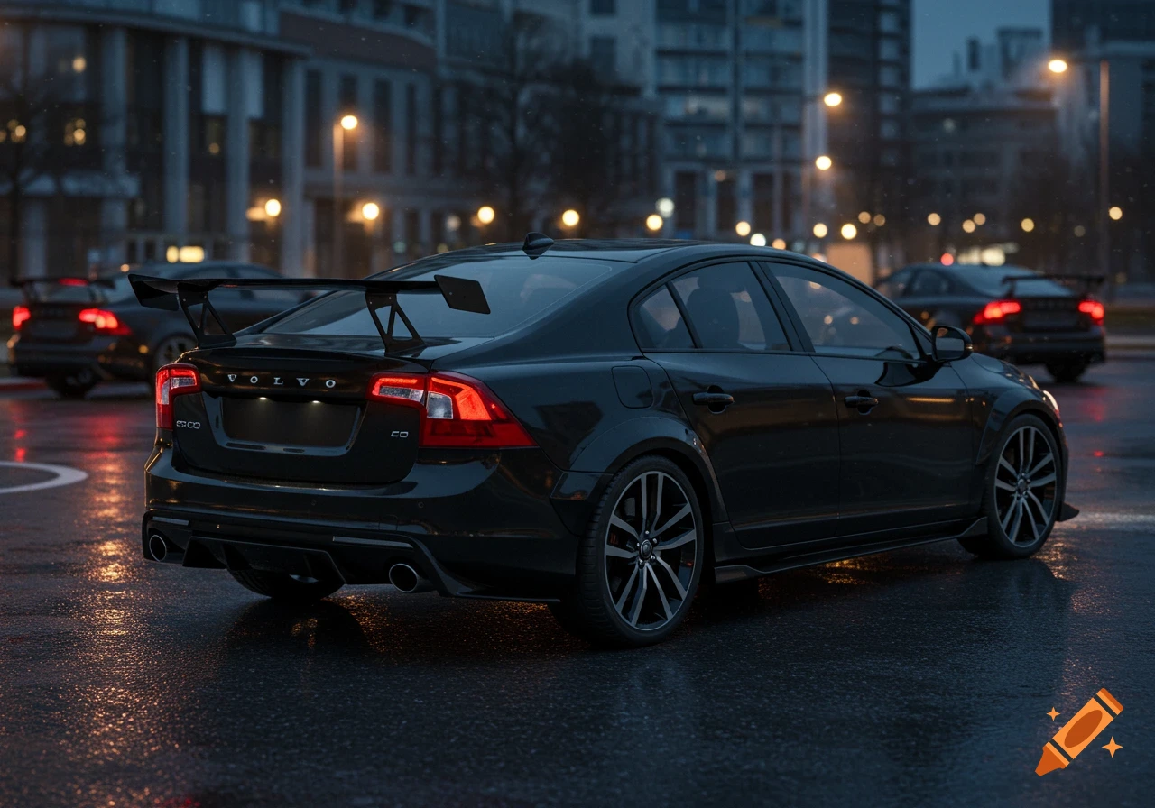 Photorealistic black Volvo S60 with a large spoiler on a wet city street at night, with blurred streetlights in the background.