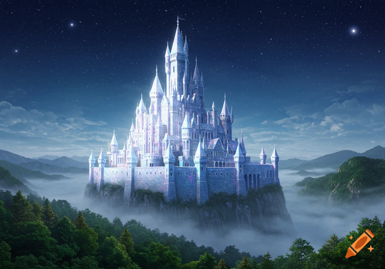 A dazzling, luminous fantasy castle of sparkling silver bricks on a misty mountain, surrounded by forests under a starry night sky.