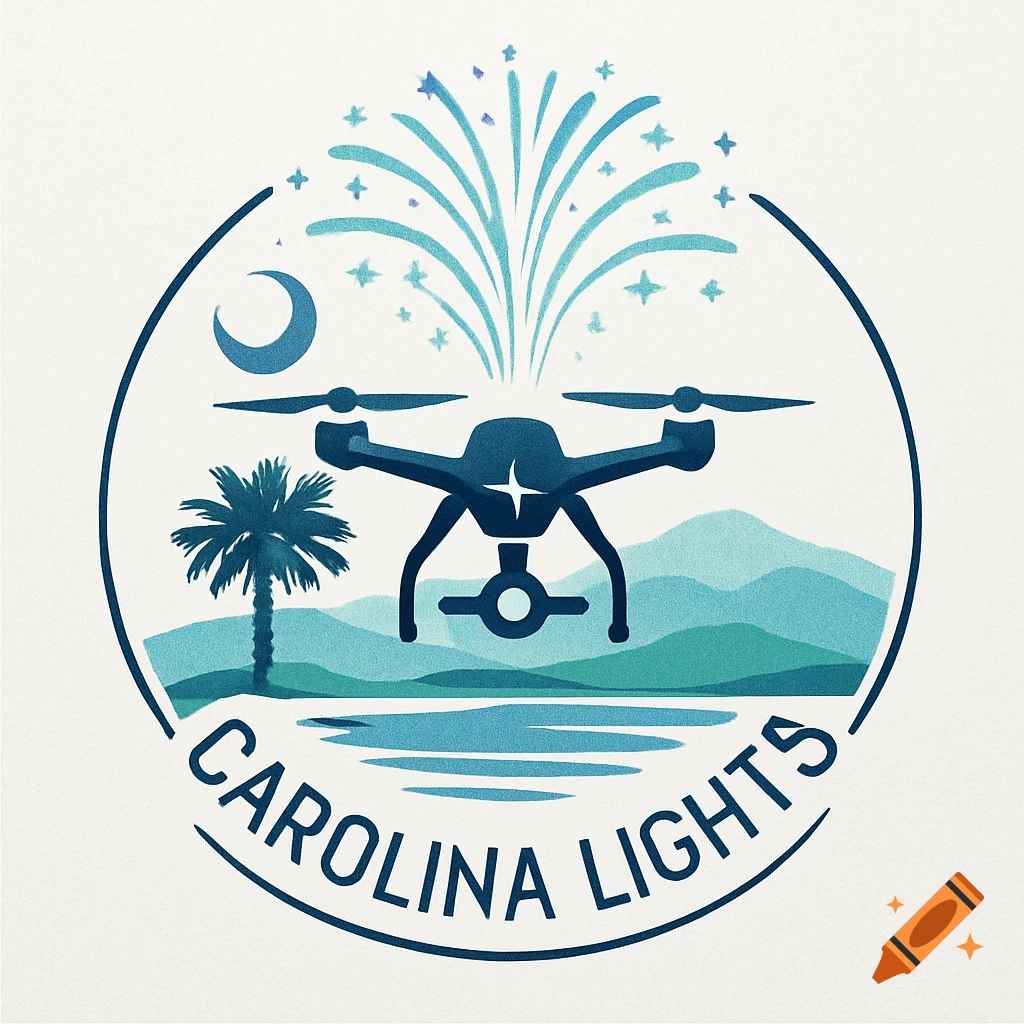 A circular logo with a drone at the center, stylized fireworks above it, a crescent moon, a palm tree, and mountains, with "CAROLINA LIGHTS" text below.