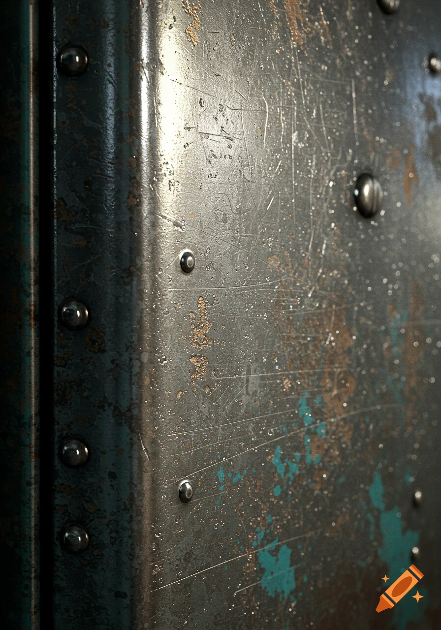 Close-up of a dark, scratched, and rusted metal surface with rivets and blue paint.