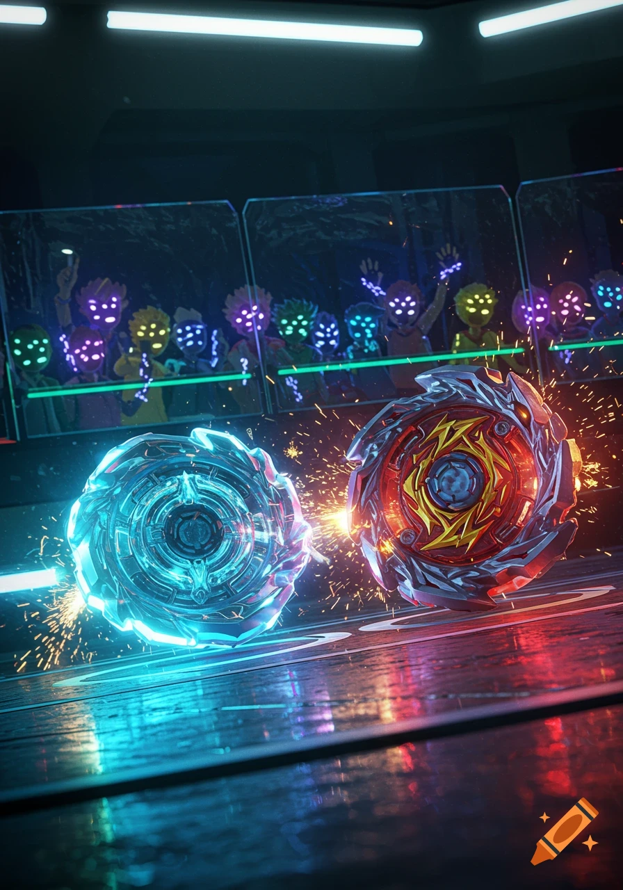 Two vibrant Beyblades collide in a futuristic arena, sending sparks flying, with a glowing audience in the background.