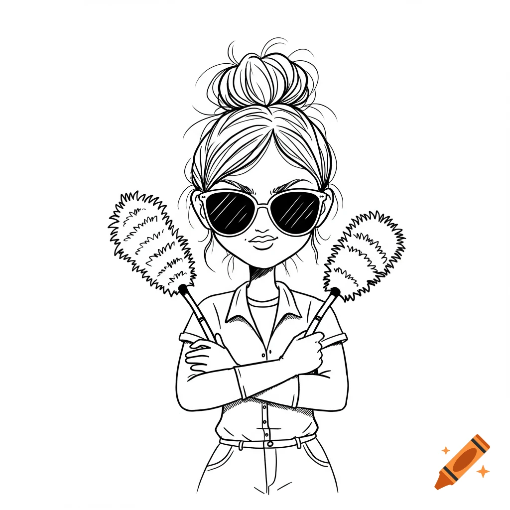 Doodle-style black outline drawing of a woman with sunglasses and a messy bun, holding two feather dusters.