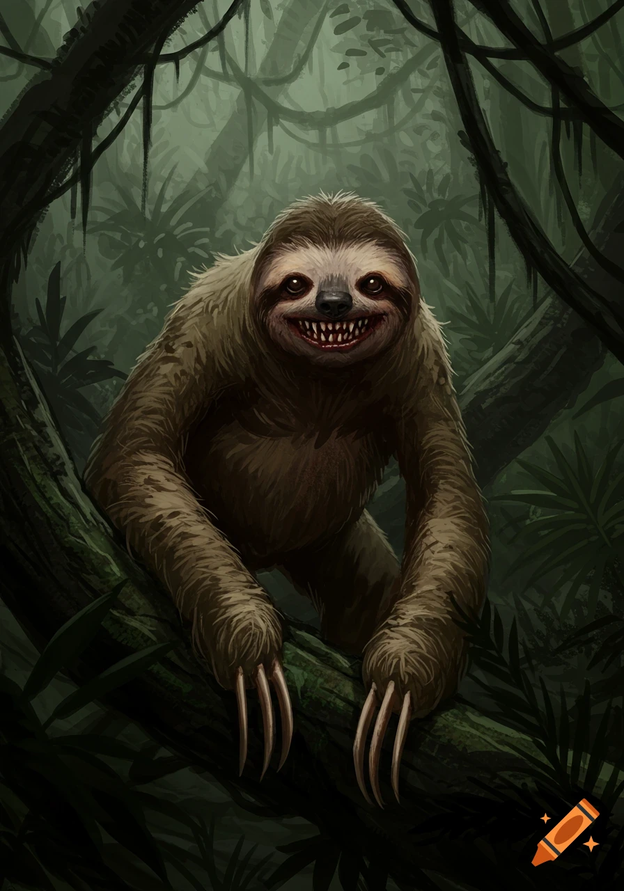 A creepy, fanged sloth with glowing eyes and long claws climbs a tree in a dark, overgrown jungle.