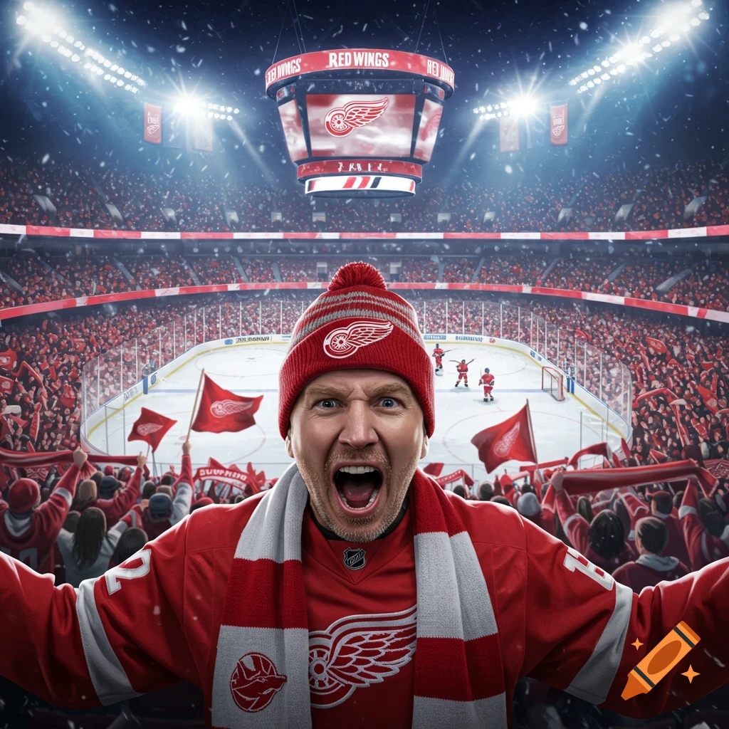 An excited Detroit Red Wings fan shouts in a packed, snow-filled hockey arena during a game, photorealistic.