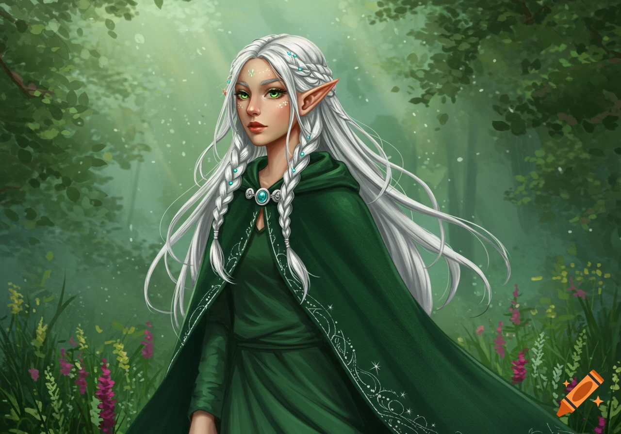 A beautiful white-haired elf girl with green eyes and a dark green cloak stands in a sun-dappled forest.