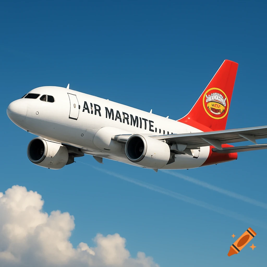 A white airplane with 'AIR MARMITE...' written on its side and a red tail fin featuring a yellow and red logo, flying against a clear blue sky with some clouds.