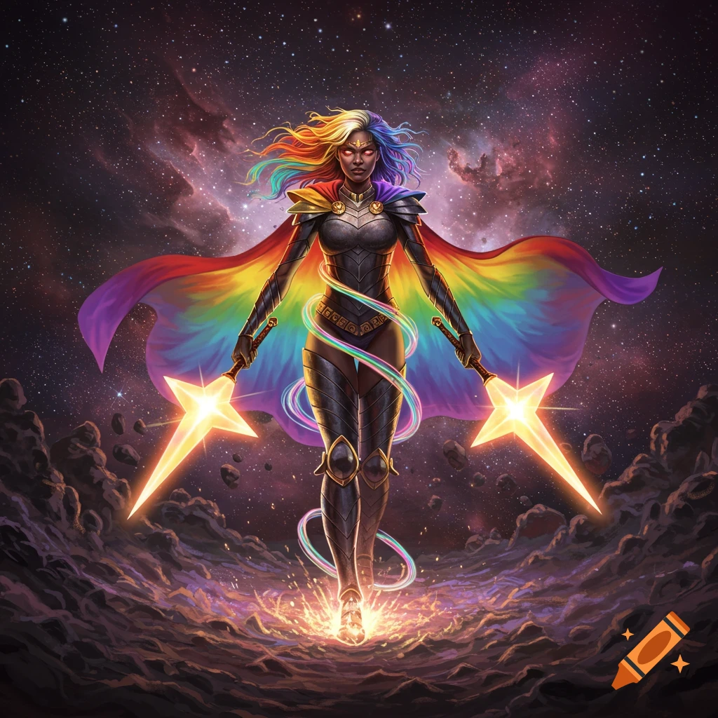 A female rainbow warrior in armor stands with glowing star swords against a cosmic nebula background.