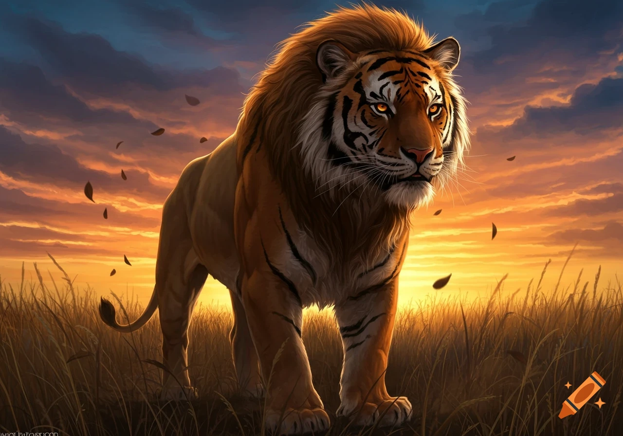 A majestic lion-tiger hybrid stands in tall grass at sunset, with dramatic orange and blue skies.