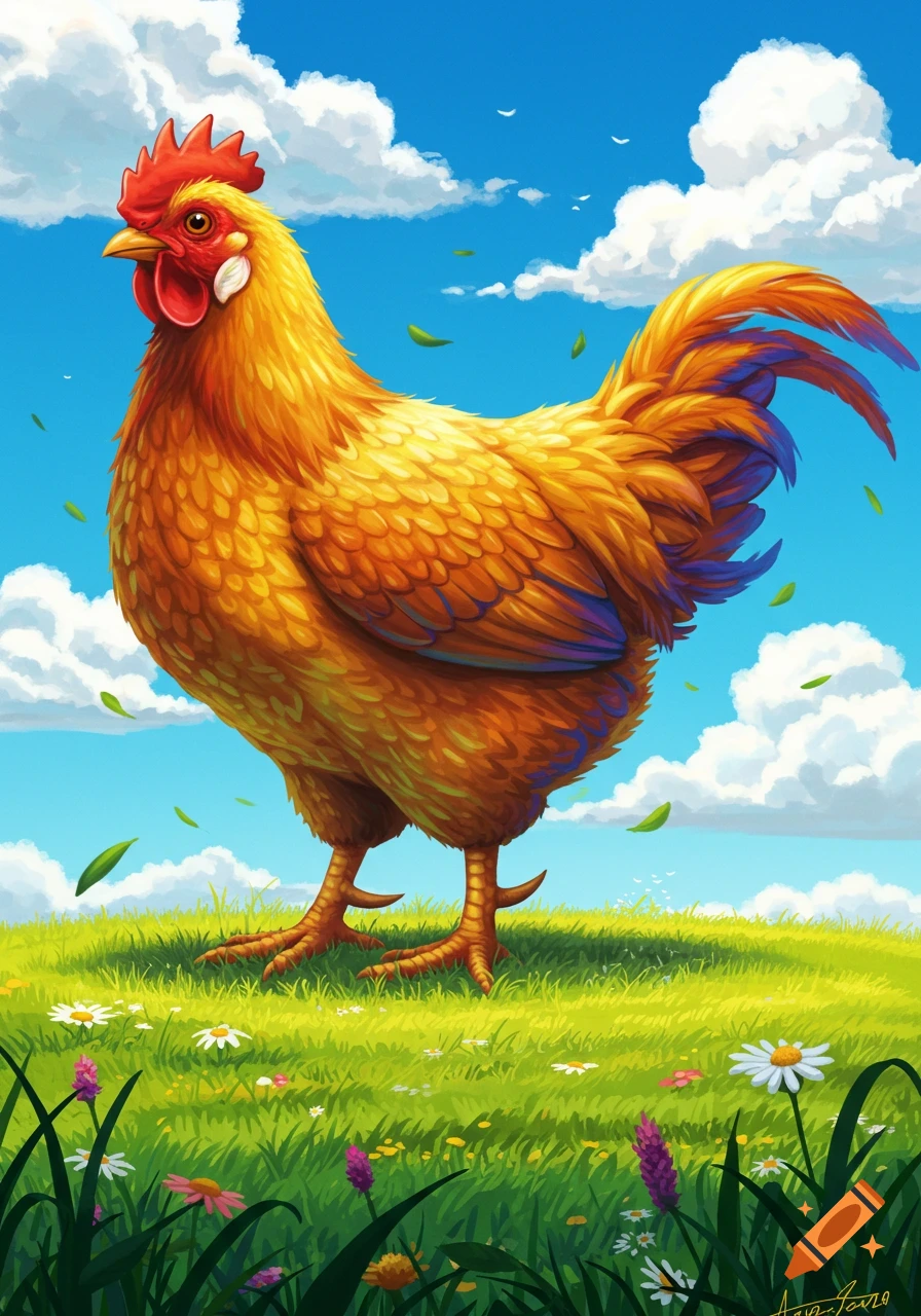 A vibrant illustration of a golden chicken standing in a green field under a bright blue sky.