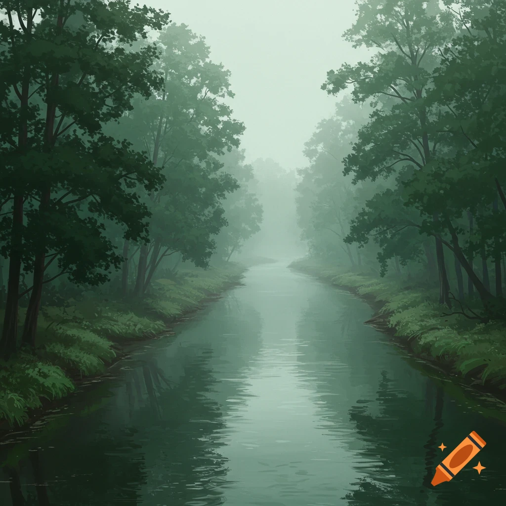 A river flows through a dense, misty forest with tall green trees on both banks.