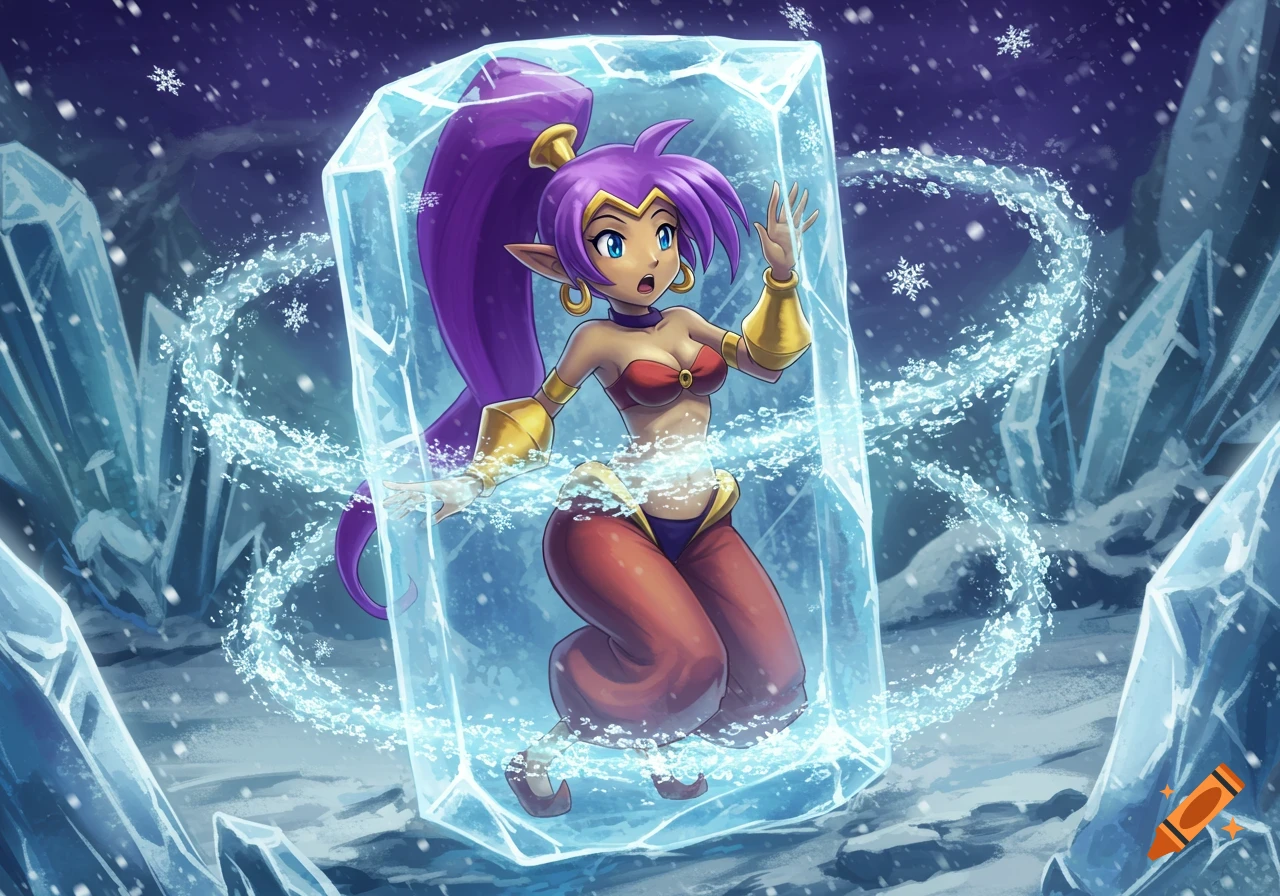 Shantae, a purple-haired genie-like character, is frozen inside a clear block of ice in a snowy, icy fantasy landscape, surrounded by magical blue energy and falling snowflakes.