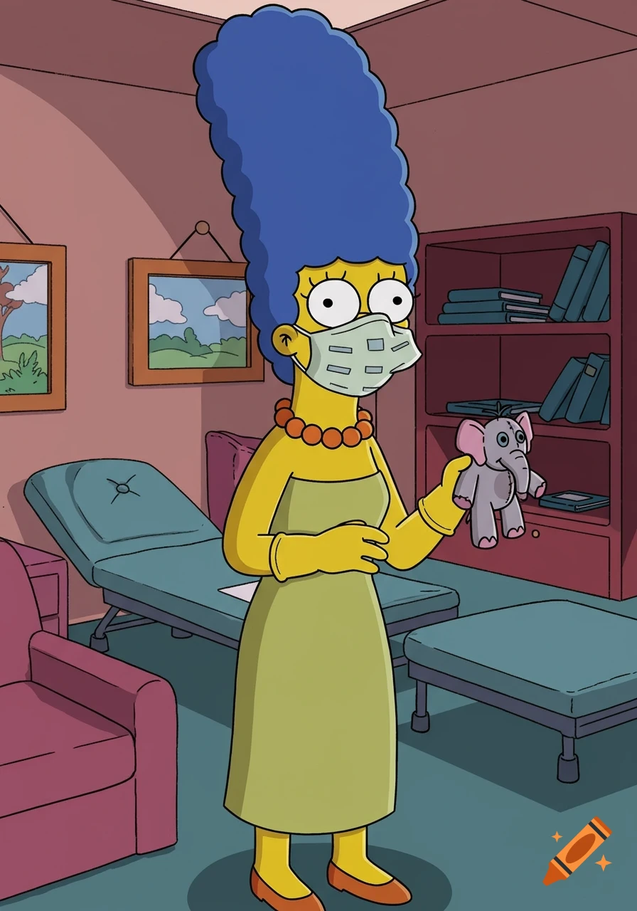 Cartoon Marge Simpson in a therapy room, wearing a face mask and yellow gloves, holding a small stuffed elephant.