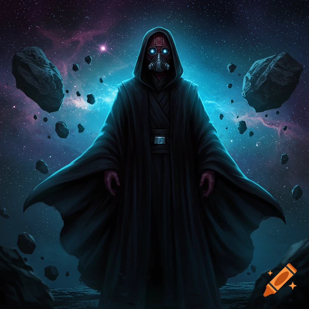 A hooded Keldor figure in a black robe stands in a cosmic void surrounded by asteroids, bathed in blue light.