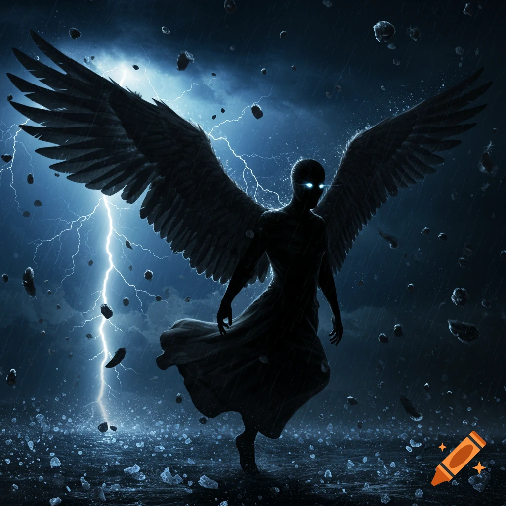 A dark, silhouetted angel with glowing blue eyes and large wings stands in a severe lightning storm with falling rocks and rain.