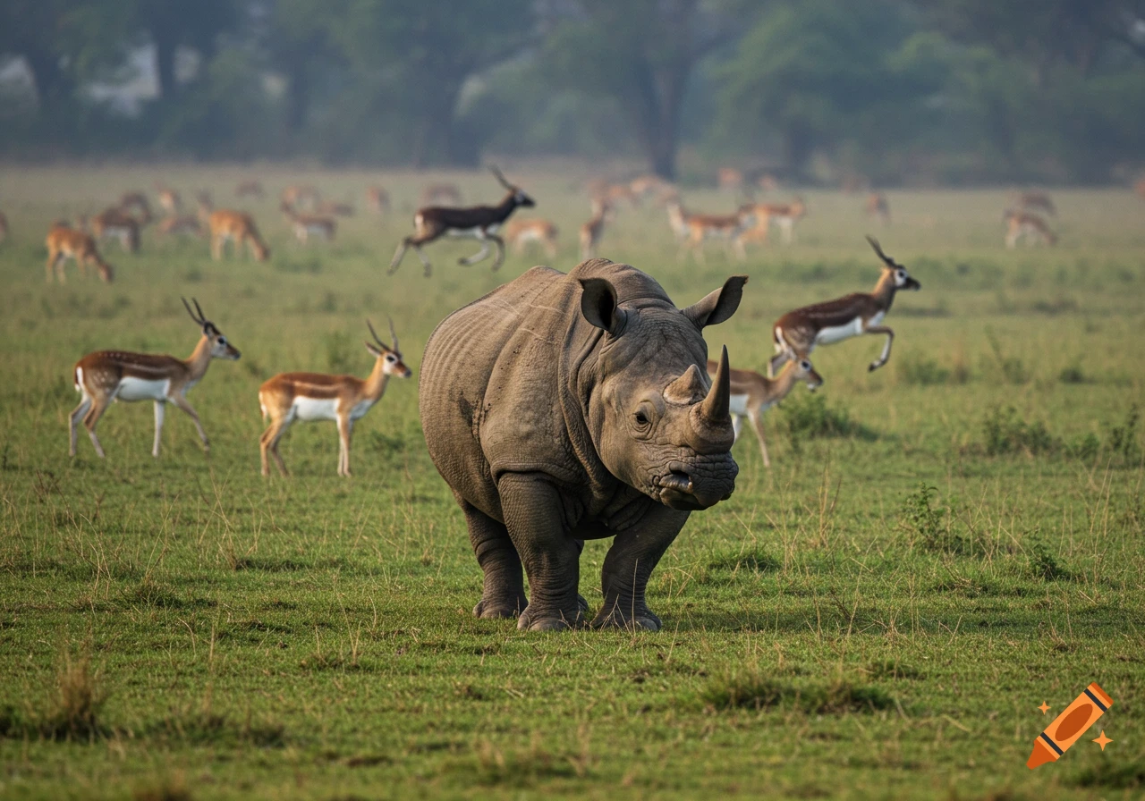 A large rhinoceros stands prominently in a grassy field, with several deer-like animals grazing in the blurred background.