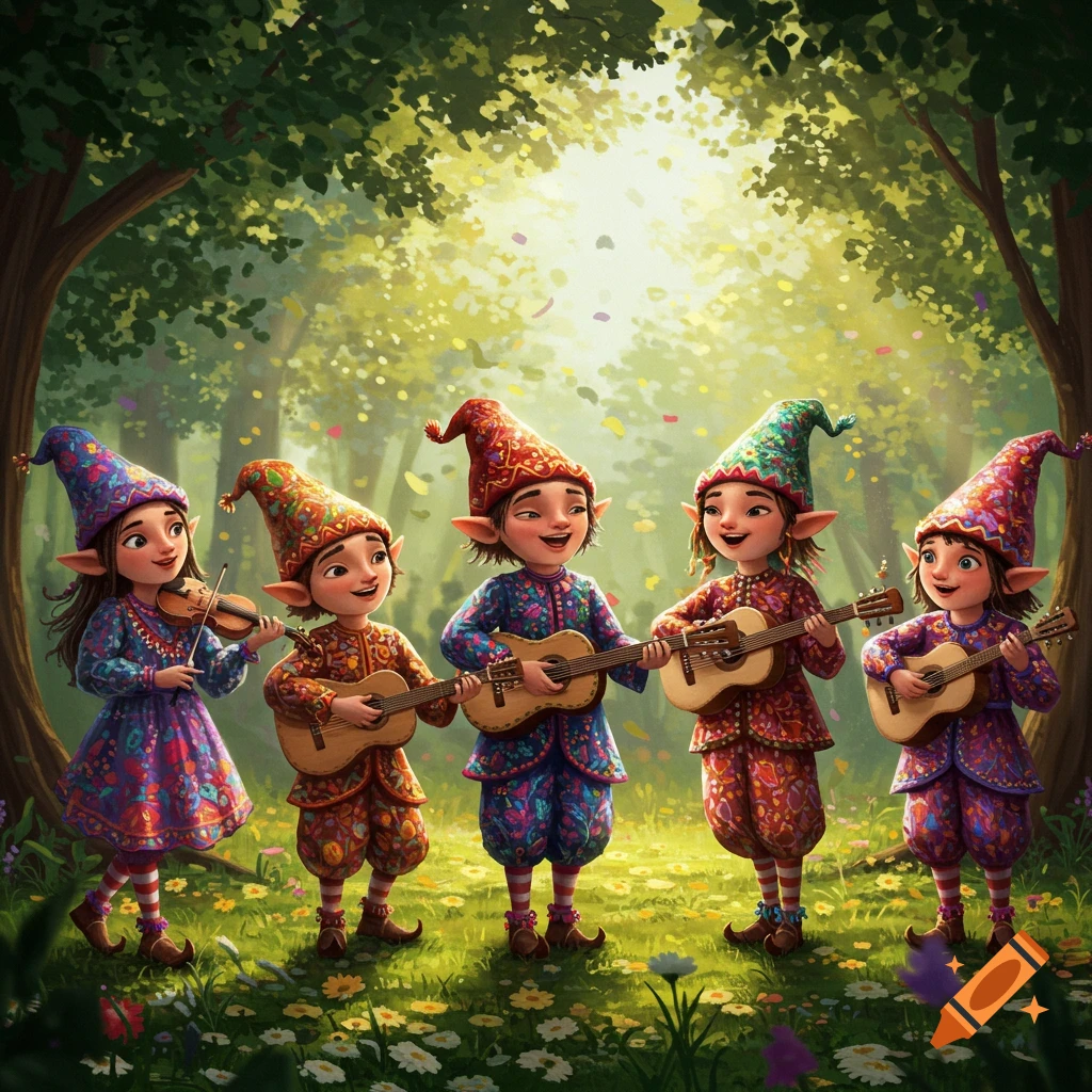 Five cute gnomes or elves in colorful, patterned outfits playing musical instruments in a sunlit forest clearing.