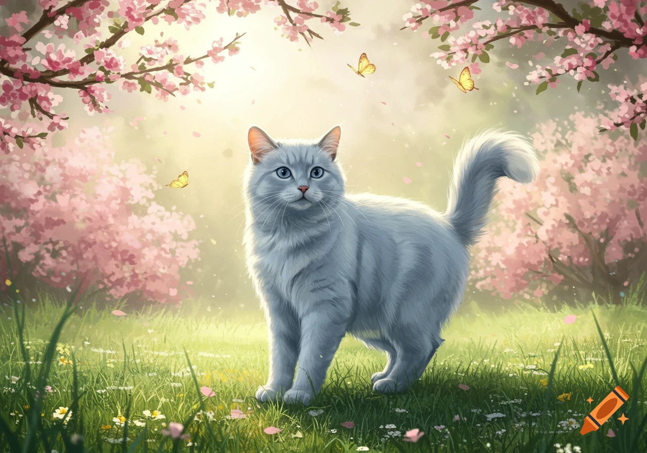 A fluffy light blue cat with blue eyes stands in a green field under pink cherry blossoms with butterflies.