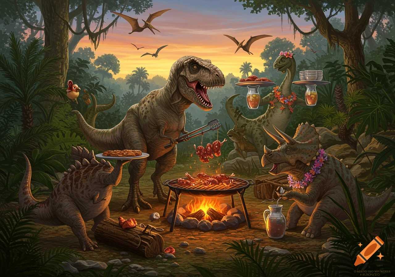 A T-Rex grills as other dinosaurs, including a Triceratops and Stegosaurus, attend a vibrant jungle barbecue at sunset.
