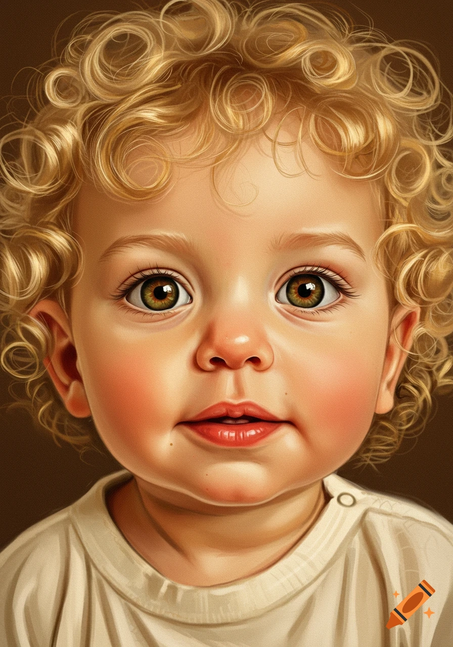 Close-up portrait of a toddler with curly blonde hair, amber eyes, and a round face.