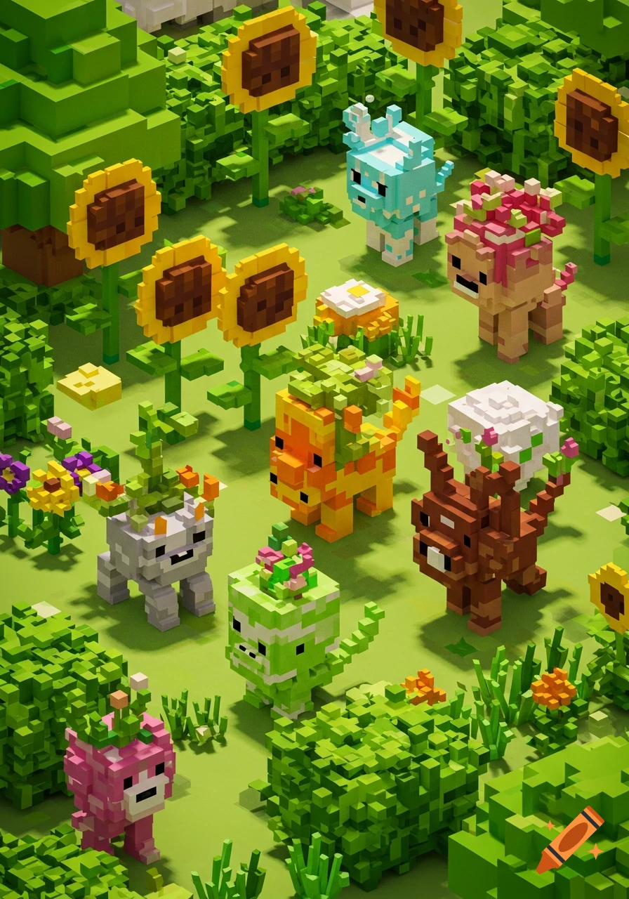 Blocky pixel art pets with plants growing on them, standing in a vibrant green garden with sunflowers.