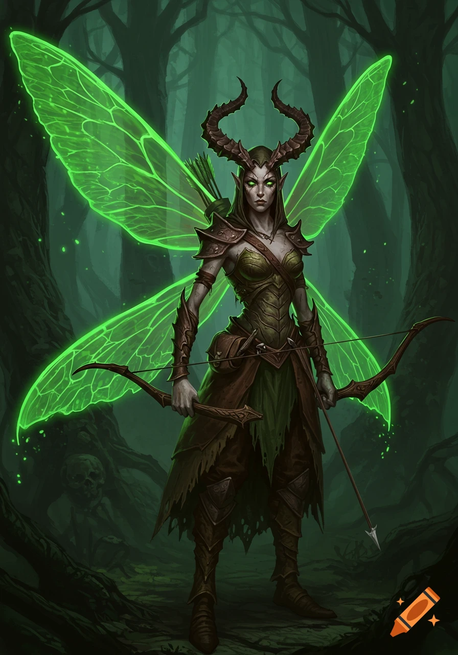 An intimidating fairy with glowing green wings, dark horns, and a bow stands in a dark forest in D&D style.