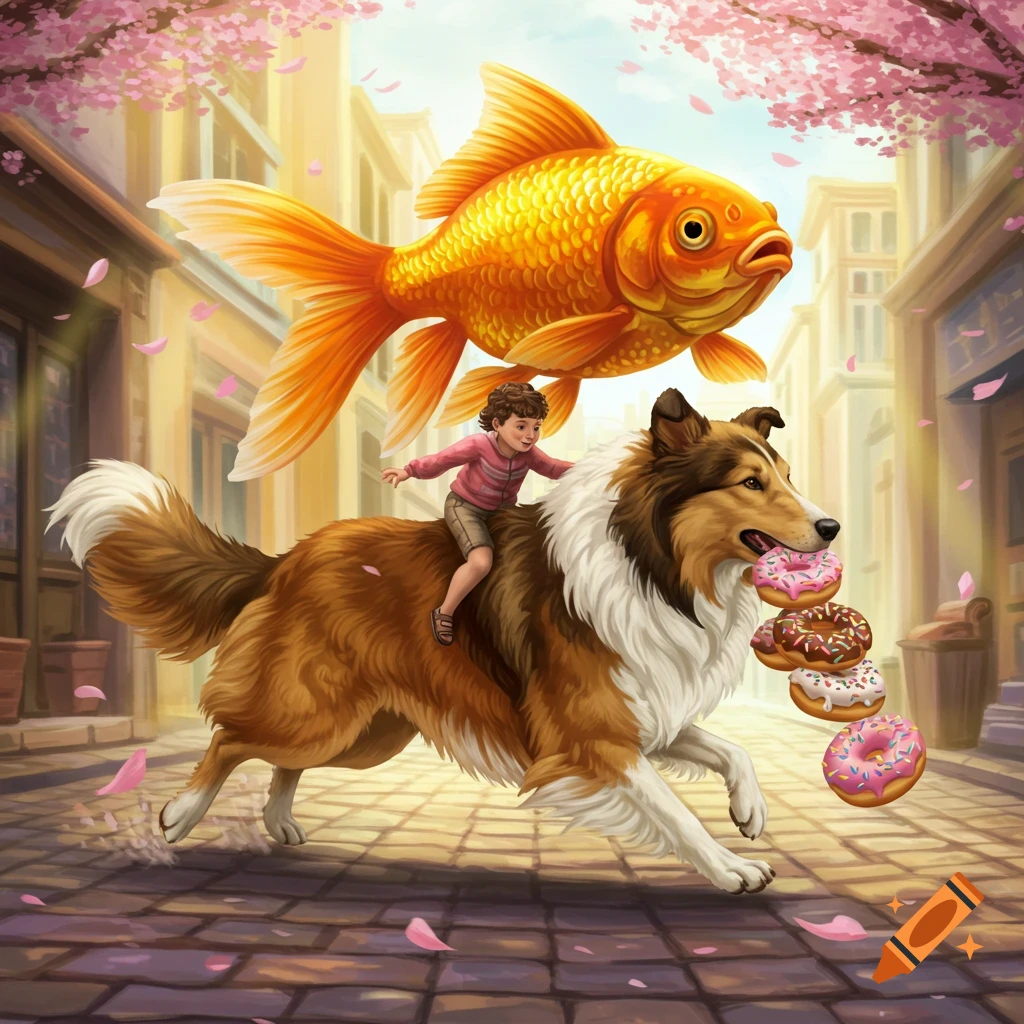 Whimsical illustration of a child riding a Collie dog carrying donuts, a giant goldfish floating above on a cherry blossom street.