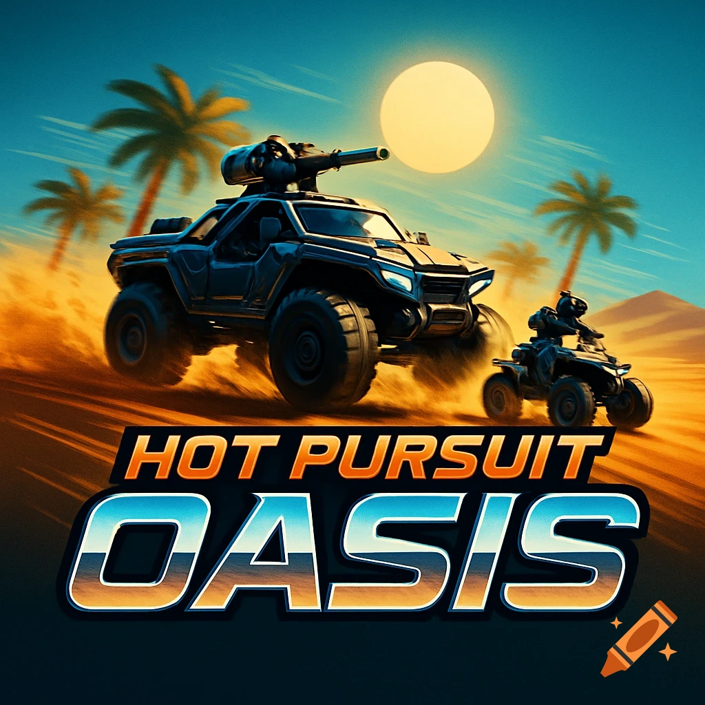 Stylized logo with a military SUV chasing an ATV in a desert under a large sun, text reads 'Hot Pursuit Oasis'.