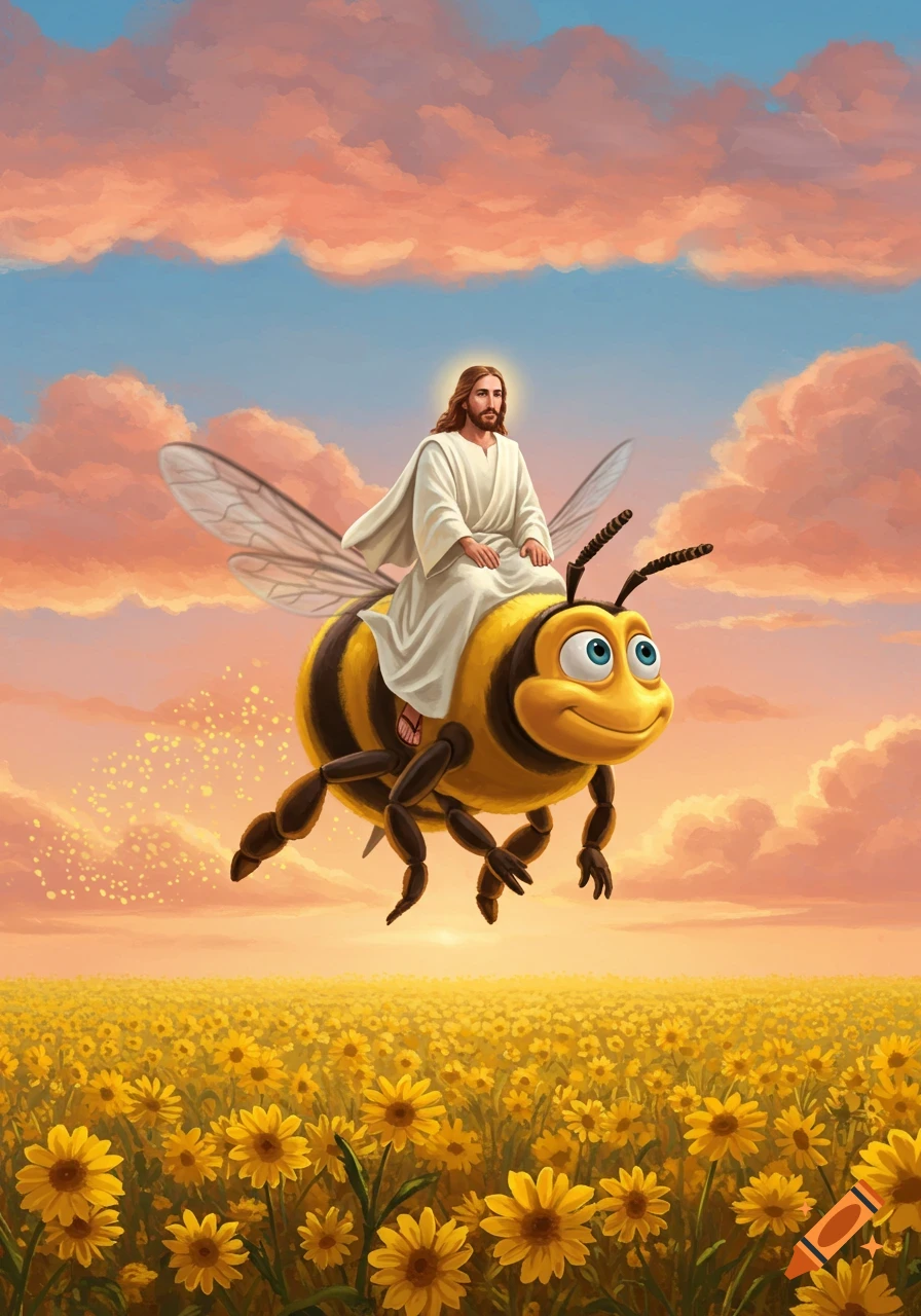 Jesus rides a smiling cartoon bee over a field of yellow flowers at sunset.