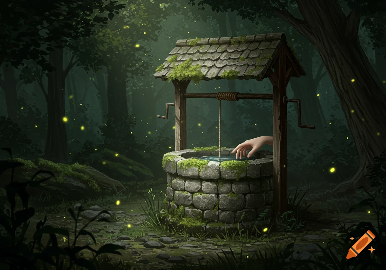 A fantasy-style illustration of a hand reaching into a moss-covered stone well in a dark forest filled with fireflies.