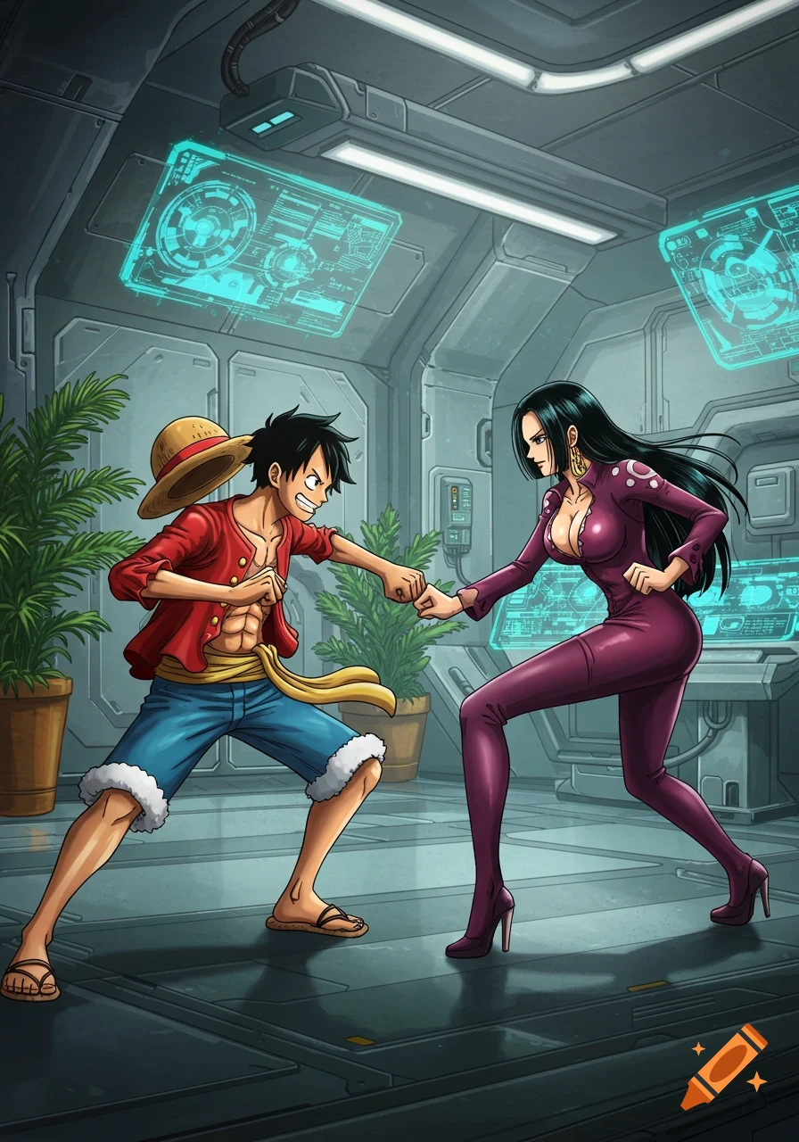 Anime characters Luffy and Hancock spar in a futuristic room with holographic screens.
