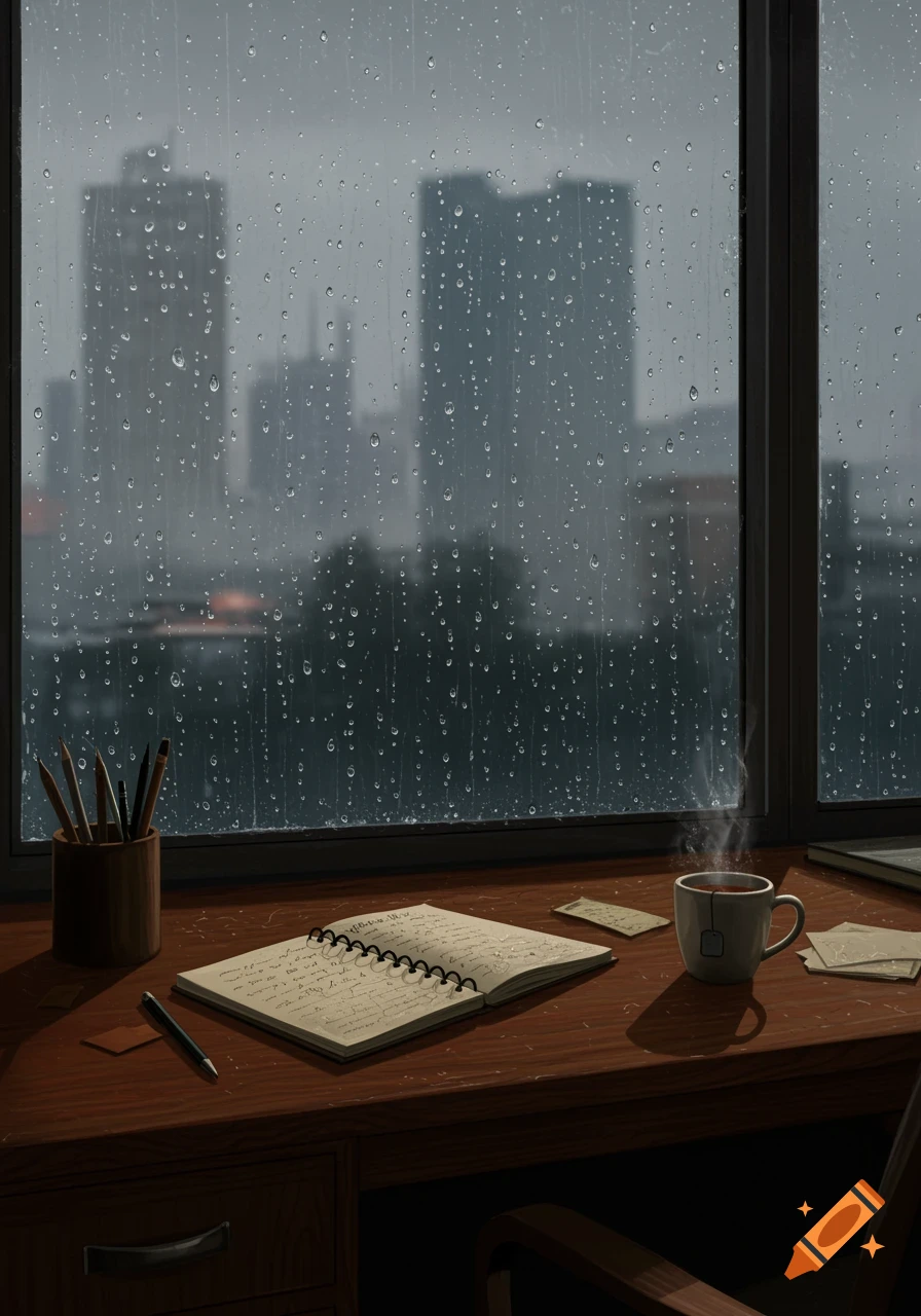 A desk with an open notebook, pen, and a steaming cup of tea, viewed through a rainy window overlooking a blurry city skyline.