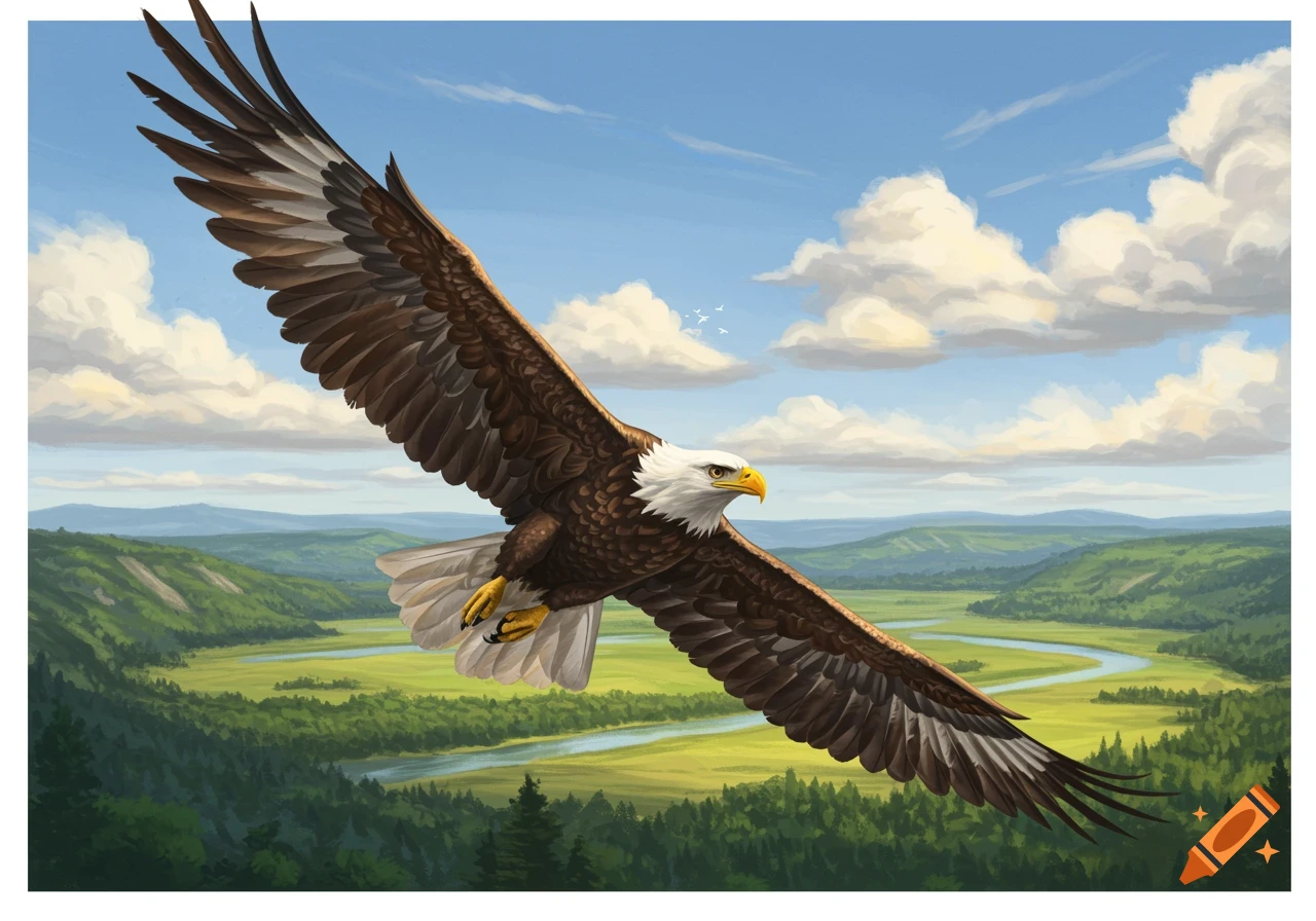 A bald eagle with outstretched wings soars over a green valley with a winding river under a blue sky.