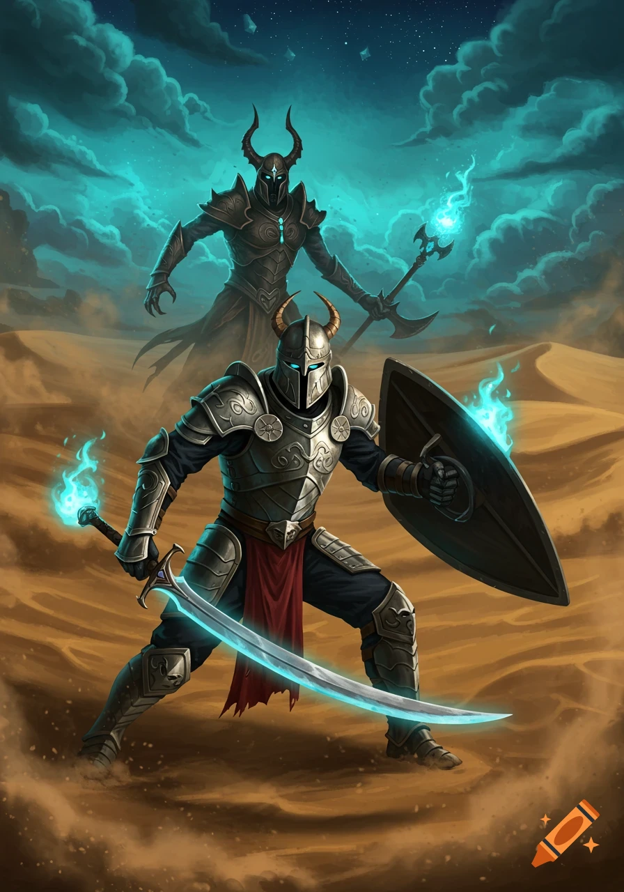 Two armored fantasy warriors with glowing weapons face off in a desert under a night sky with teal clouds.