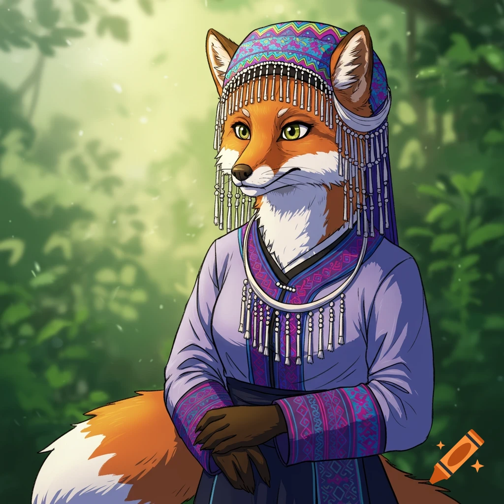 A cartoon female fox wearing a colorful Hmong hat and purple traditional attire, standing in a blurred green forest.