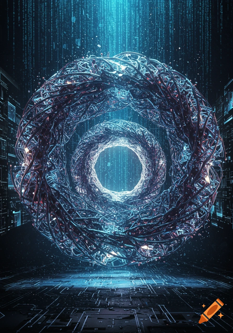 A glowing, intricate torus made of tangled wires floats in a dark digital space with blue matrix code and circuit board patterns.
