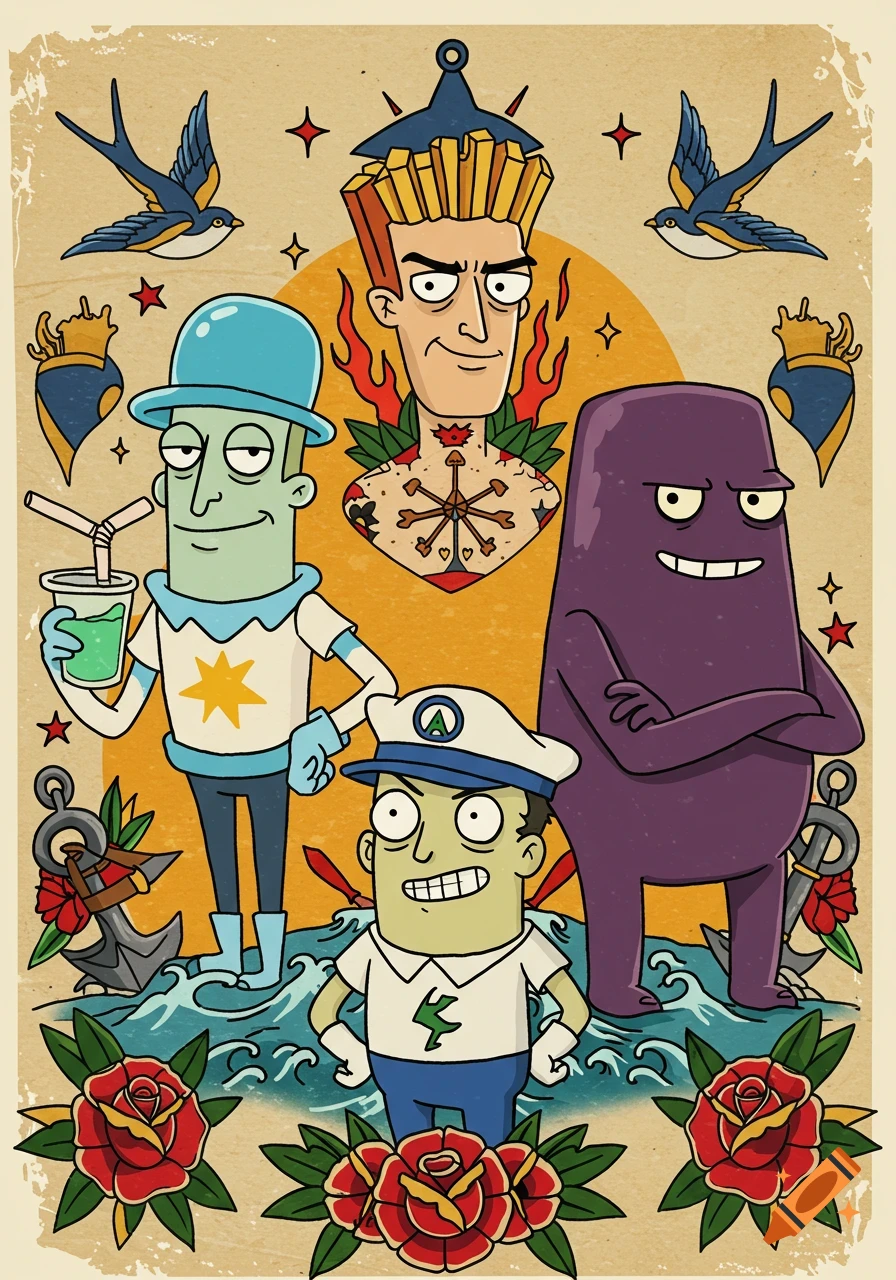 Stylized cartoon characters in American traditional tattoo art, featuring swallows, anchors, and roses.