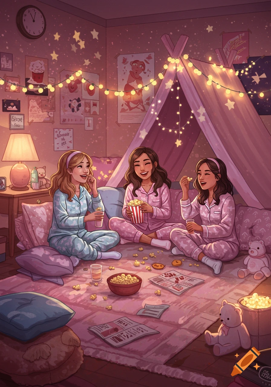 Three smiling girls in pajamas sit on a pink rug surrounded by pillows and blankets, eating popcorn in a cozy, illuminated bedroom.