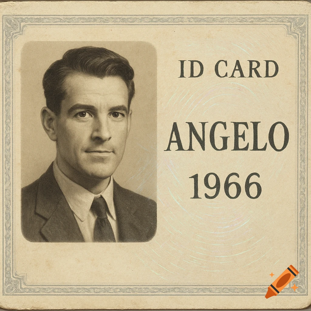 Sepia-toned portrait of a man on a vintage ID card with text 'ID CARD Angelo 1966'.