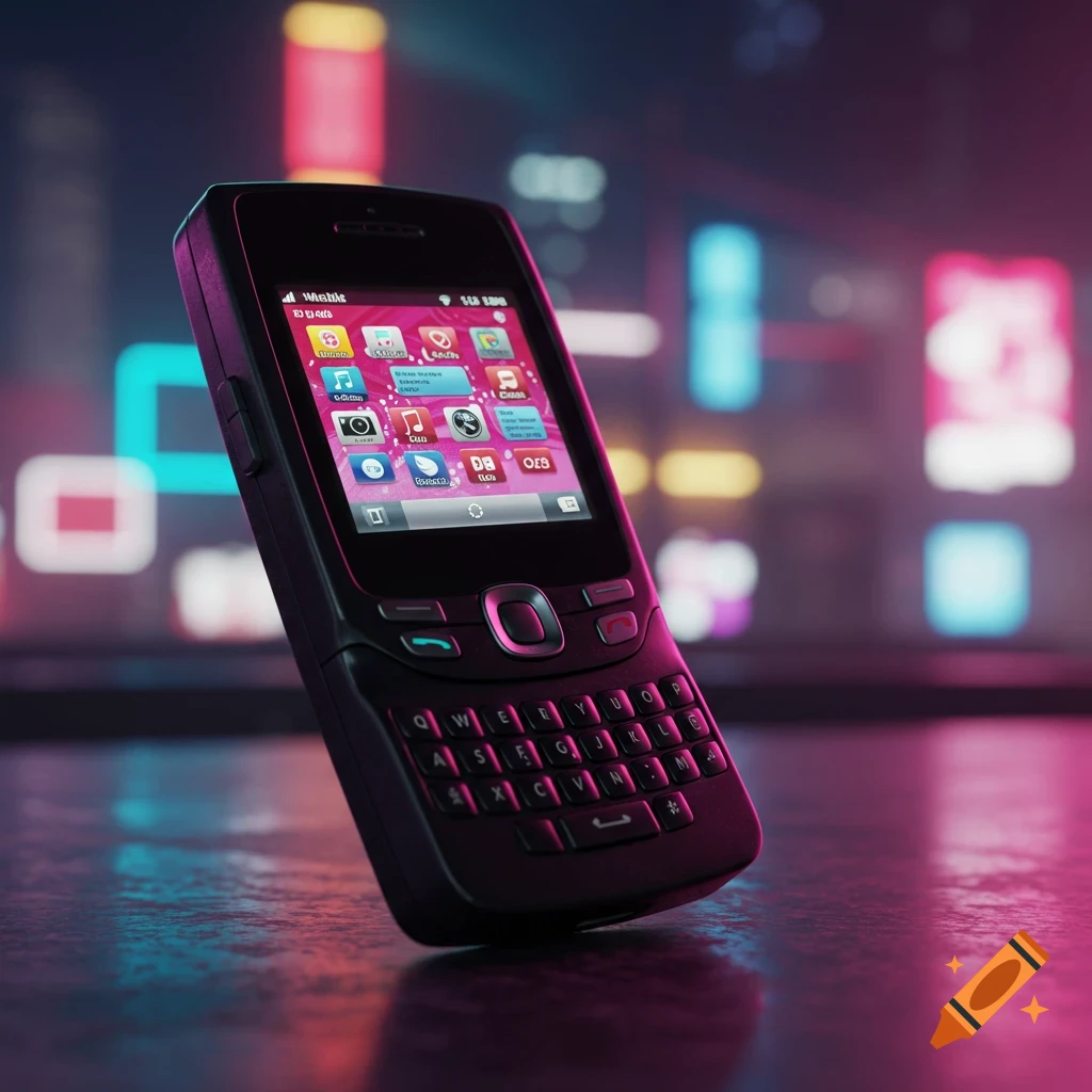 A black flip-open mobile phone with a QWERTY keyboard and a vibrant pink screen, lit by neon lights, sits on a dark, reflective surface.